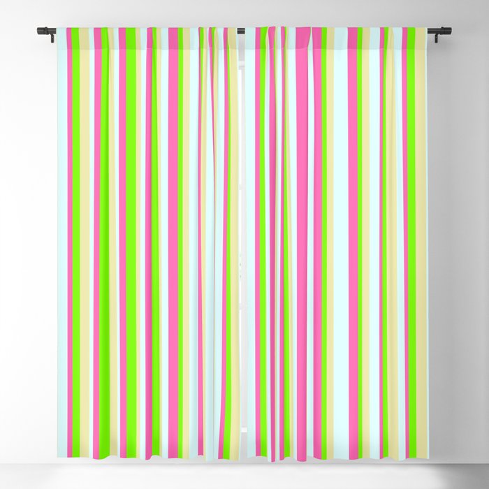 Green, Pale Goldenrod, Light Cyan, and Hot Pink Colored Lined/Striped Pattern Blackout Curtain