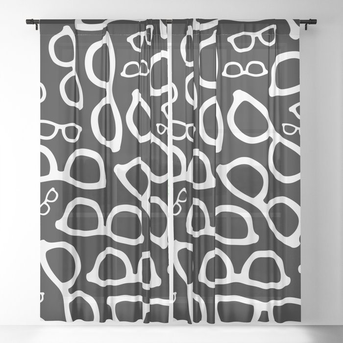 Smart Glasses Pattern - White on Black Sheer Curtain