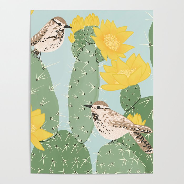 Prickly Pear with Wrens  Poster