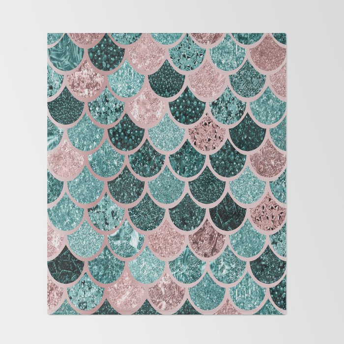 Mermaid Fish Scales Pink Rose Gold Teal Emerald Green Throw Mermaid Fish Scales Pink Rose Gold Teal Emerald Green Throw Blanket