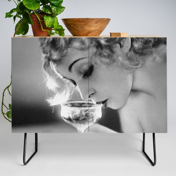 Jazz Age Blond Sipping Champagne black and white photograph / photography Credenza