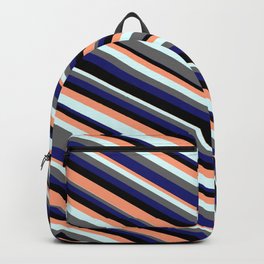 [ Thumbnail: Vibrant Black, Light Salmon, Light Cyan, Dim Gray, and Midnight Blue Colored Lines Pattern Backpack ]