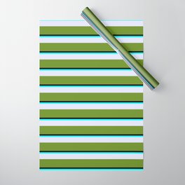 [ Thumbnail: Black, Aqua, Lavender & Green Colored Stripes Pattern Wrapping Paper ]