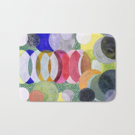 Overlapping Ovals and Circles on Green Dotted Ground Bath Mat