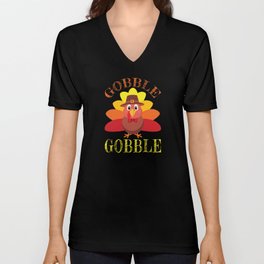 Autumn Fall Gobble Gobble Cute Turkey Thanksgiving V Neck T Shirt