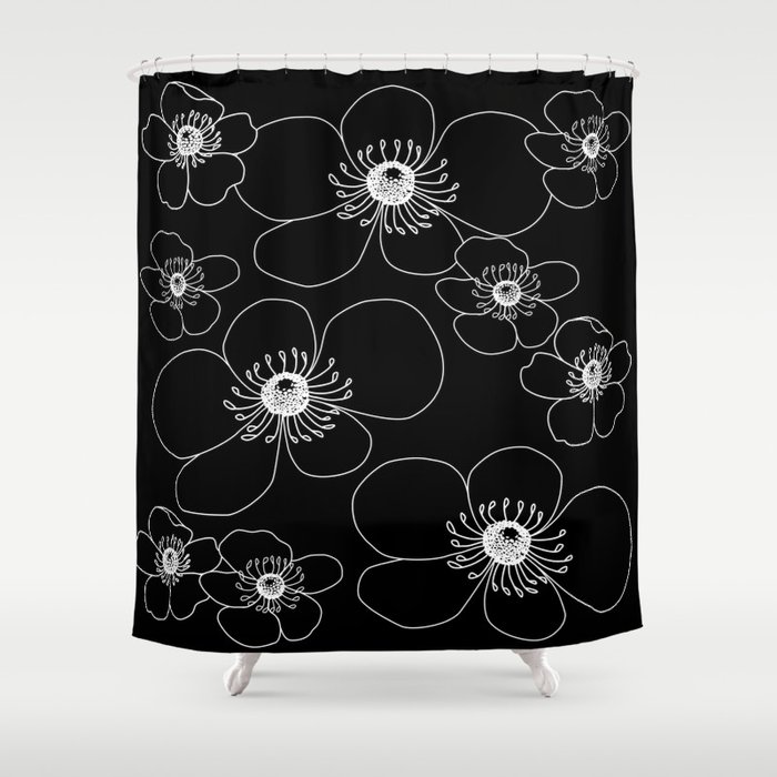 Japanese Anemone Flowers on Black Shower Curtain