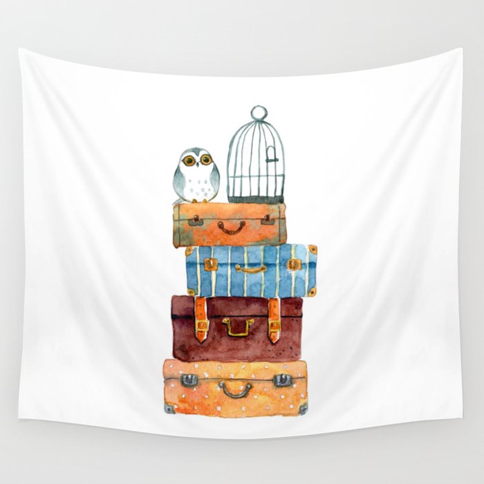 Wizard School Luggage and Owl Wall Tapestry