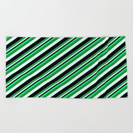[ Thumbnail: Green, Forest Green, Light Cyan & Black Colored Lines/Stripes Pattern Beach Towel ]
