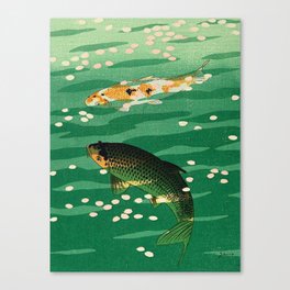 Vintage Japanese Woodblock Print Asian Art Koi Pond Fish Turquoise Green Water Cherry Blossom Canvas Print