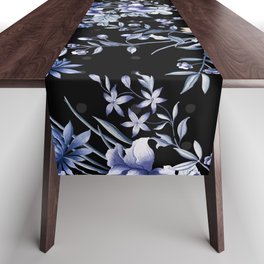 Chinoiserie Flowers and Dots Pattern Blue and Bisque Table Runner