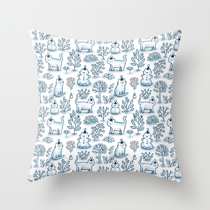 Apricity Whimsical Winter Cats in Snowy Forest Throw Pillow