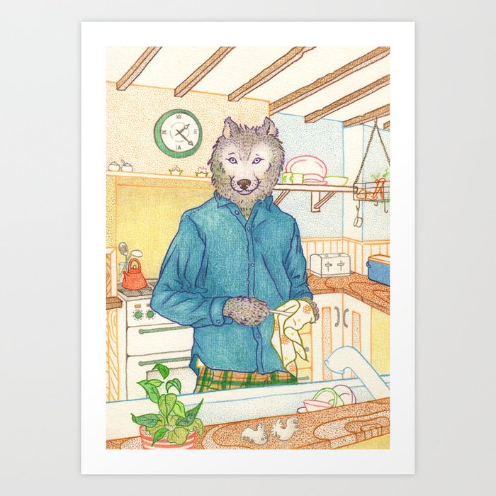 Everyday Animals - Mr Wolf washes the dishes Art Print