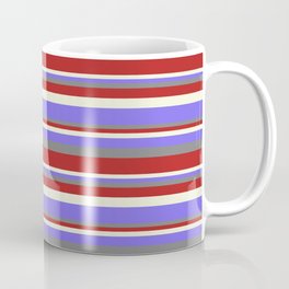 [ Thumbnail: Gray, Red, Beige & Medium Slate Blue Colored Stripes Pattern Coffee Mug ]