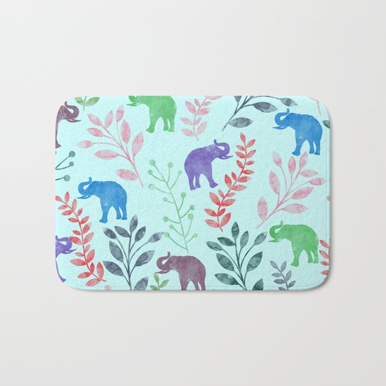 Watercolor Flowers & Elephants II Bath Mat