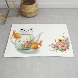 Flowering Tea in a Cat Teapot Rug | Watercolor, Goldfish, Teapot, Floweringtea, Vintage, Painting, Makorin, Flowers, Aerosol, Illustration 