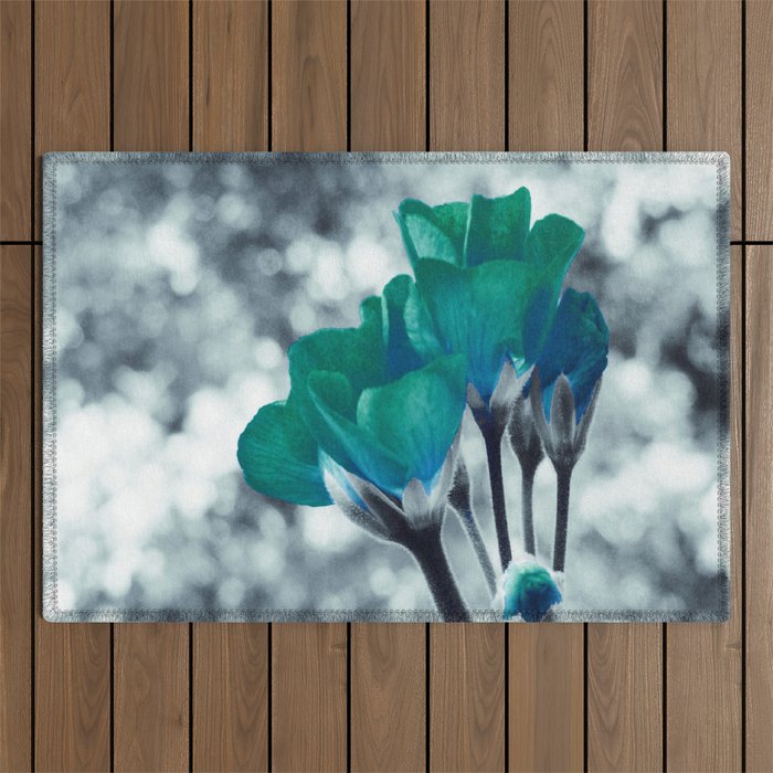 In Bloom Flowers Turquoise Teal Outdoor Rug