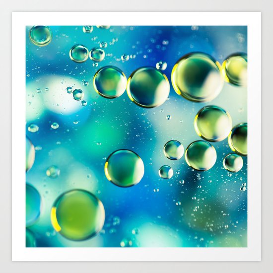 Macro Water Droplets Aquamarine Soft Green Citron Lemon Yellow and Blue jewel tones Art Print