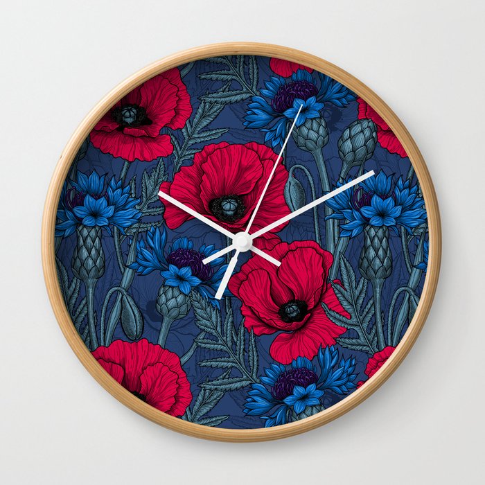 Red poppies and blue cornflowers on blue Wall Clock