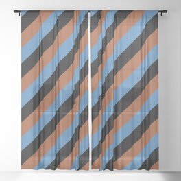 [ Thumbnail: Sienna, Blue, and Black Colored Striped Pattern Sheer Curtain ]