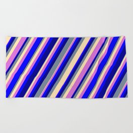 [ Thumbnail: Light Slate Gray, Beige, Orchid, Blue & Dark Blue Colored Striped Pattern Beach Towel ]