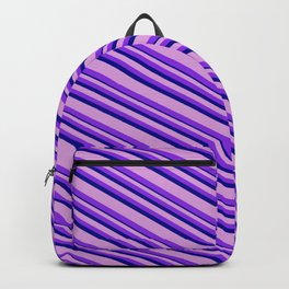 [ Thumbnail: Plum, Purple & Dark Blue Colored Lines Pattern Backpack ]