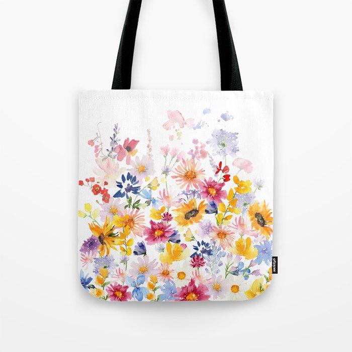 Colorful Hand Painted Watercolors Summer Flowers Meadow Tote Bag