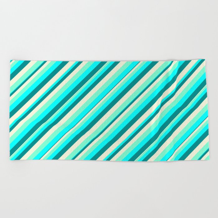 Aquamarine, Cyan, Dark Cyan, and Beige Colored Lined/Striped Pattern Beach Towel