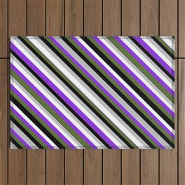[ Thumbnail: Eye-catching Grey, White, Purple, Dark Olive Green, and Black Colored Lined/Striped Pattern Outdoor Rug ]