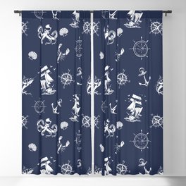 Navy Blue And White Silhouettes Of Vintage Nautical Pattern Blackout Curtain