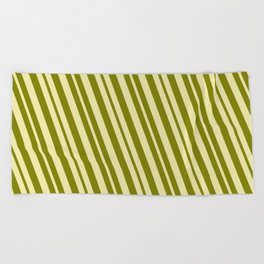 [ Thumbnail: Pale Goldenrod and Green Colored Lines Pattern Beach Towel ]