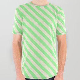 [ Thumbnail: Beige & Green Colored Lined/Striped Pattern All Over Graphic Tee ]