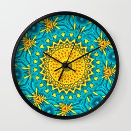 Birds of Paradise Circular Geometric Blended Floral Pattern \\ Yellow Green Blue Teal Color Scheme Wall Clock