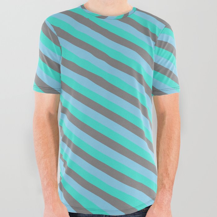 Turquoise, Grey & Sky Blue Colored Striped Pattern All Over Graphic Tee