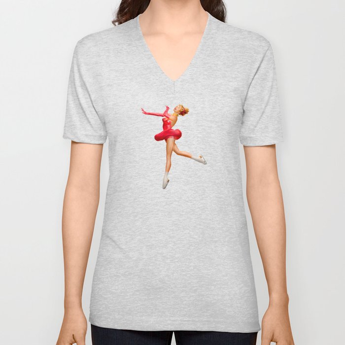 Dancer Pin Up With Red Skirt in Ice Skates V Neck T Shirt