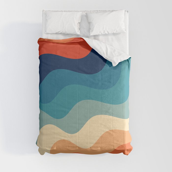 Retro 70s and 80s Color Palette Mid-Century Minimalist Abstract Art Ocean Waves Comforter