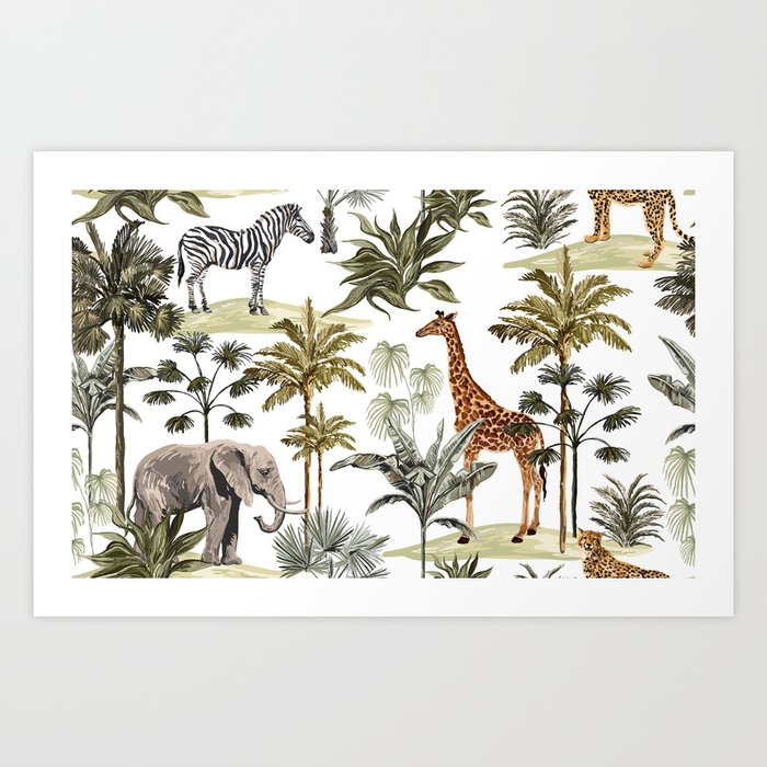 Beautiful tropical vintage hawaiian palm trees, zebra, giraffe, elephant, leopard. Hand drawn floral seamless pattern on the white background. Exotic jungle wallpaper.  Art Print