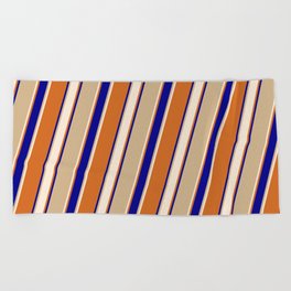 [ Thumbnail: Tan, Beige, Chocolate & Dark Blue Colored Lines Pattern Beach Towel ]