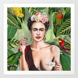 Frida con Amigos Kunstdrucke | Painting, Floral, Woman, Ethno, Fridakahlo, Tropical, Collage, Wallart, Jungle, Bohostyle 