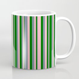 [ Thumbnail: Light Pink, Slate Gray & Dark Green Colored Pattern of Stripes Coffee Mug ]