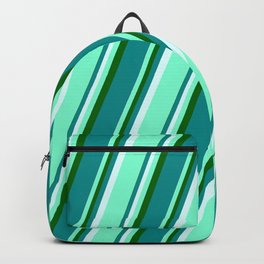 [ Thumbnail: Dark Green, Dark Cyan, Light Cyan, and Aquamarine Colored Lined Pattern Backpack ]