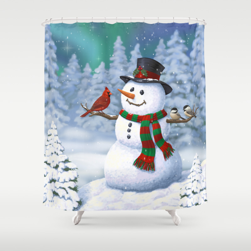 Cute Christmas Snowman Forest Winter Snowy Scene Shower Curtain Hooks Bath Mat 