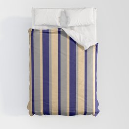 [ Thumbnail: Dark Grey, Midnight Blue & Tan Colored Stripes Pattern Comforter ]