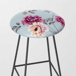 violet and yellow flowers with leaves pattern on blue background Bar Stool