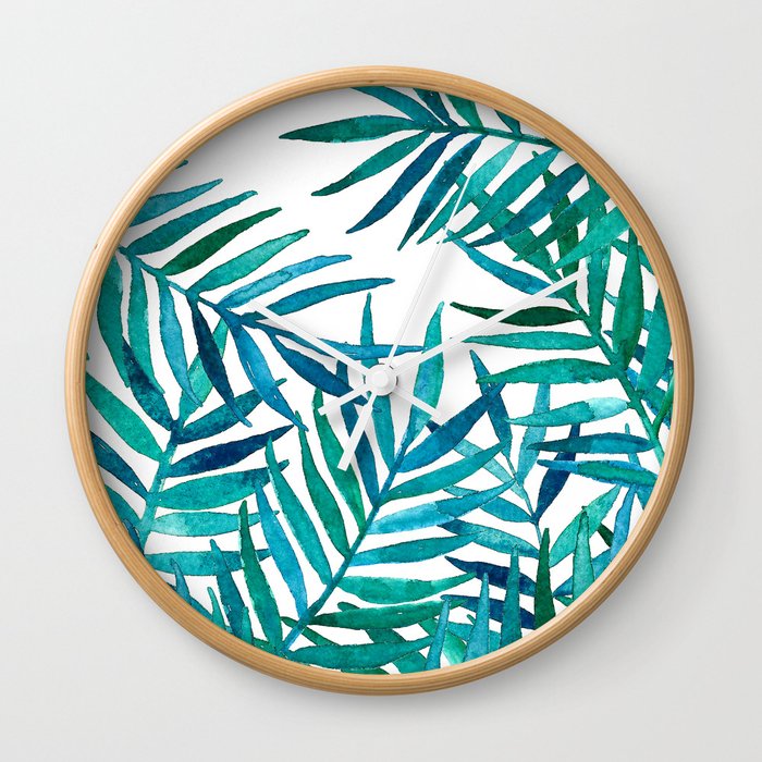 Watercolor Palm Leaves on White Wall Clock