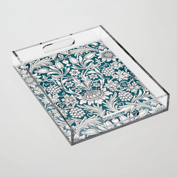 Modern Teal Blue William Morris  Floral Leaves Pattern  Acrylic Tray