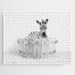 Zebra in a Wooden Bathtub, Black and White, Bathtub Animal Art Print By Synplus Jigsaw Puzzle