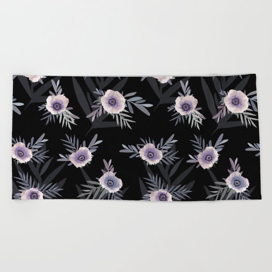 Floral pattern with anemone flowers, romantic print black background Beach Towel