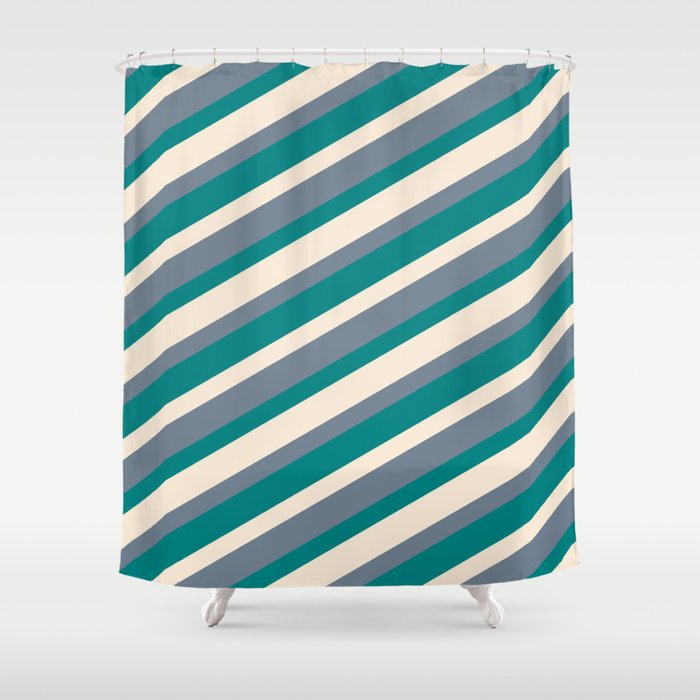 Beige, Slate Gray, and Teal Colored Lined/Striped Pattern Shower Curtain
