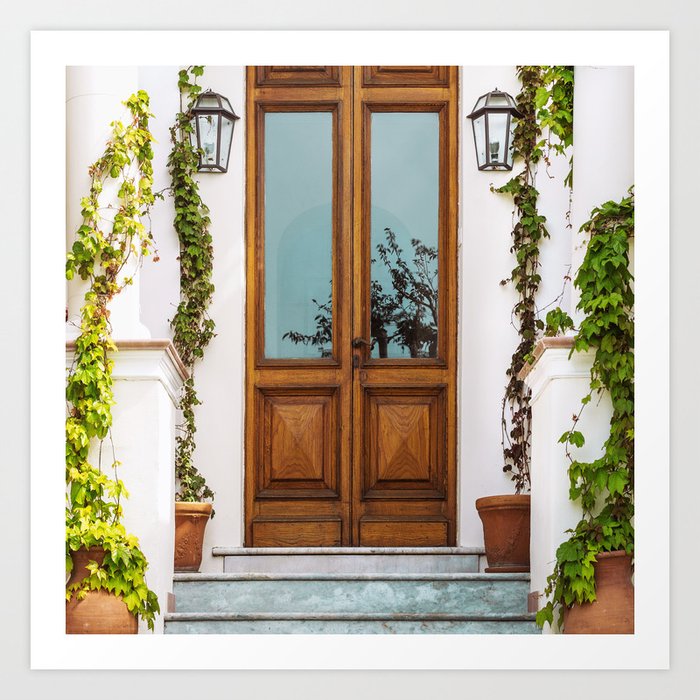 Italy Photography - Door Between Pillars Covered By Plants Art Print