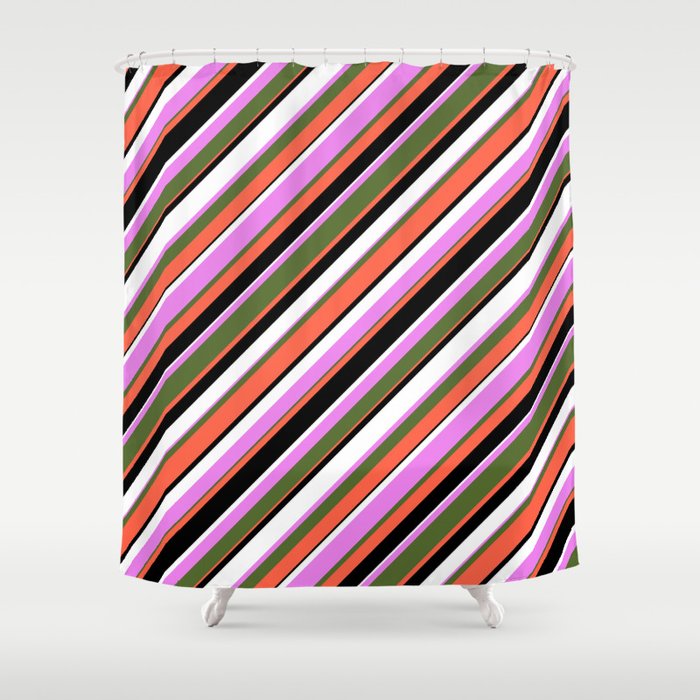 Eyecatching Violet, Dark Olive Green, Red, Black, and White Colored Striped Pattern Shower Curtain